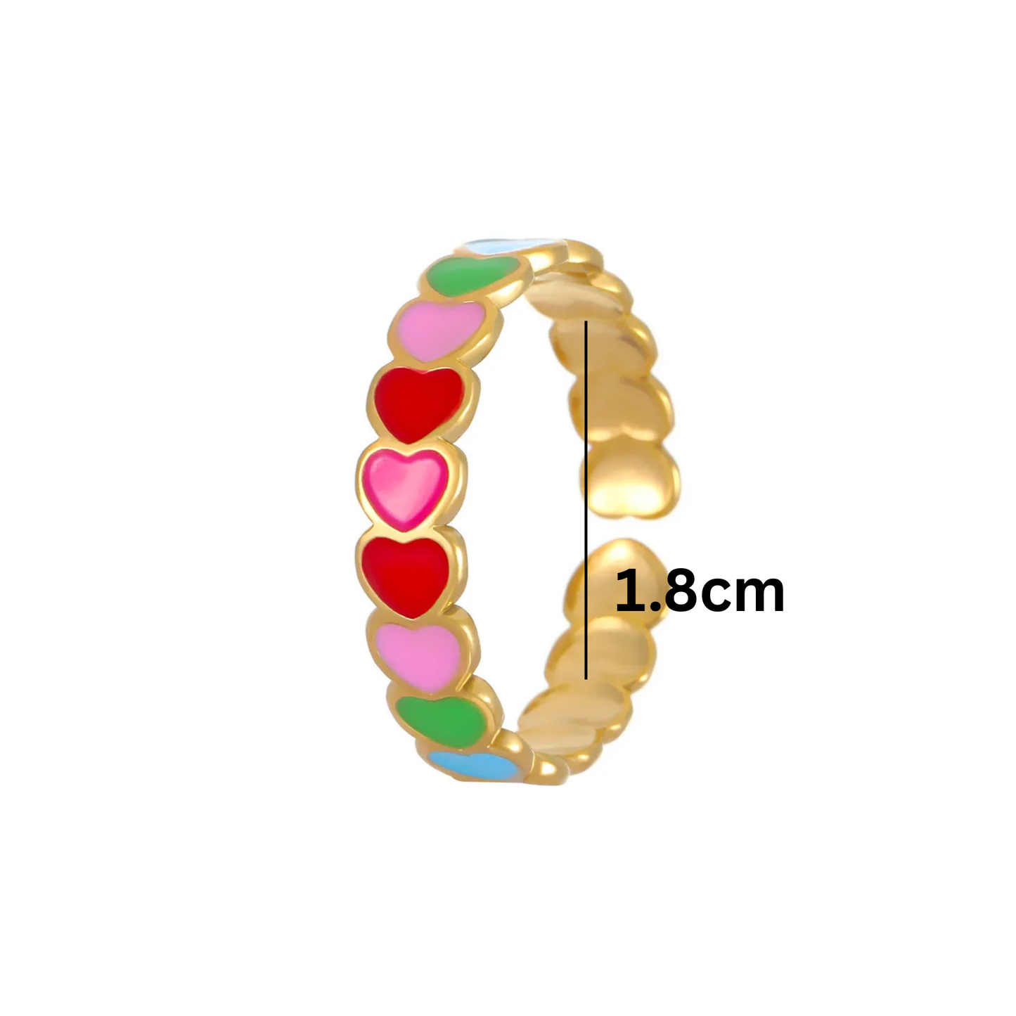 Gold ring with colorful heart-shaped stones and a measurement label on a white background