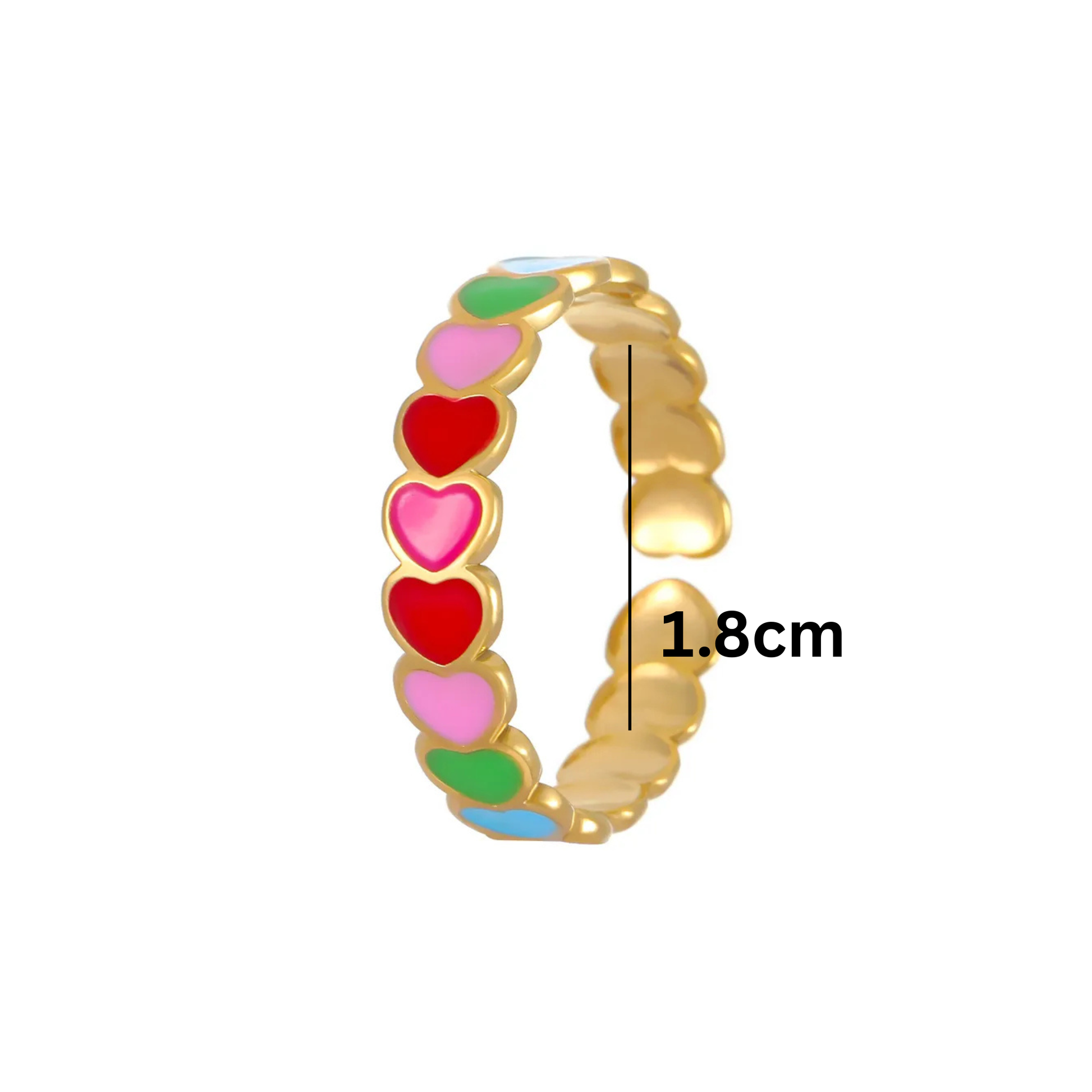 Gold ring with colorful heart-shaped stones and a measurement label on a white background