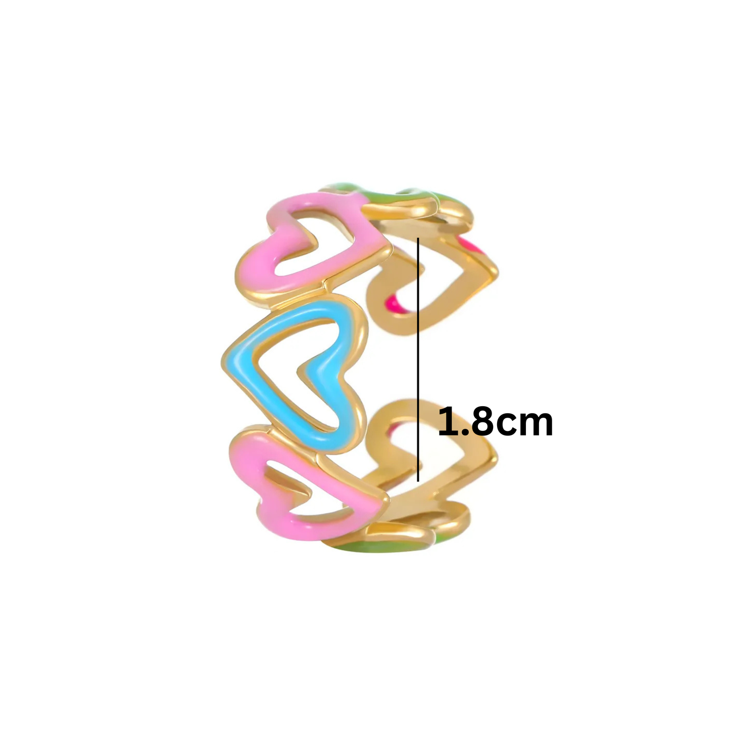 Colorful heart-shaped ring with a measurement label on a white background