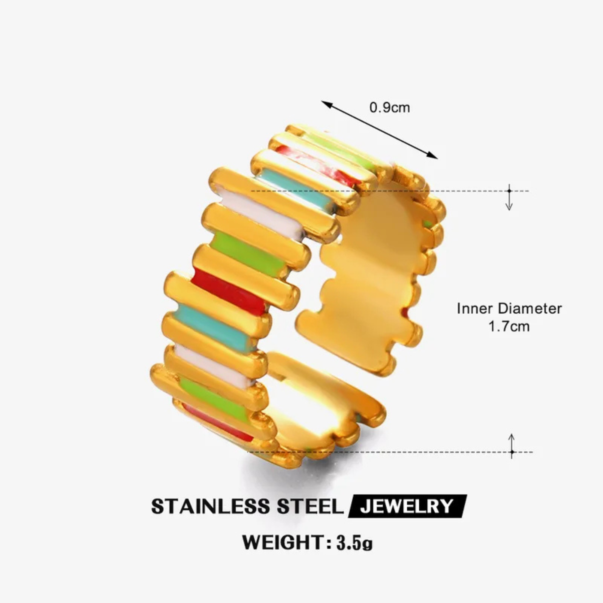 Gold seahorse-shaped ring with colorful stripes and measurements on a white background