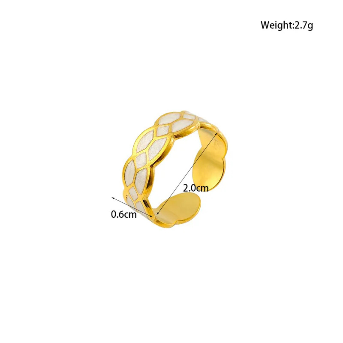 Gold ring with white pattern on a white background