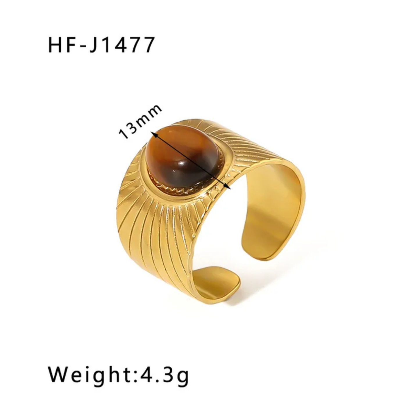 Gold bracelet with a brown stone on a white background, labeled HF-J1477 and 13mm in width.
