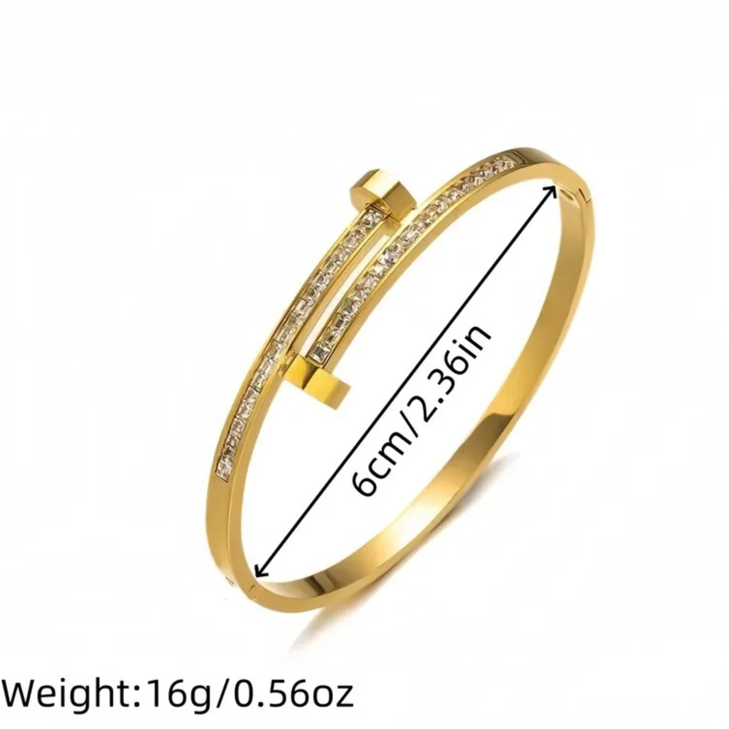 Gold bracelet with measurements and weight information on a white background