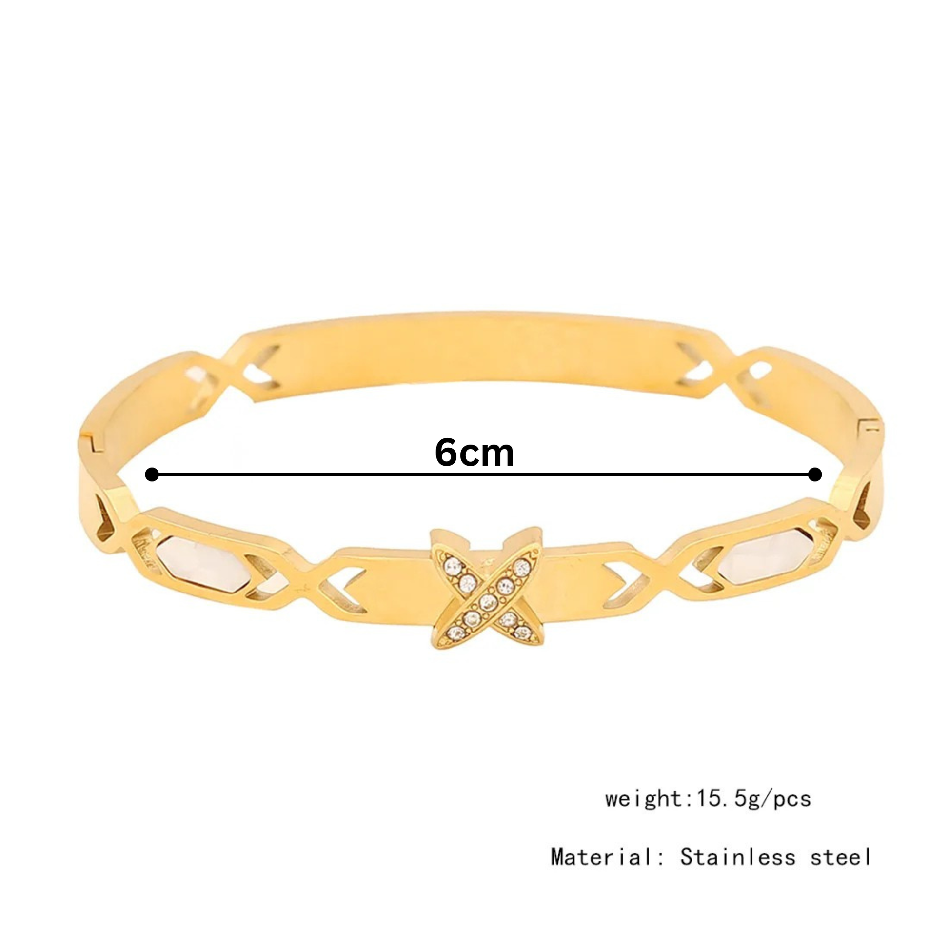Gold bracelet with measurements and material information on a white background