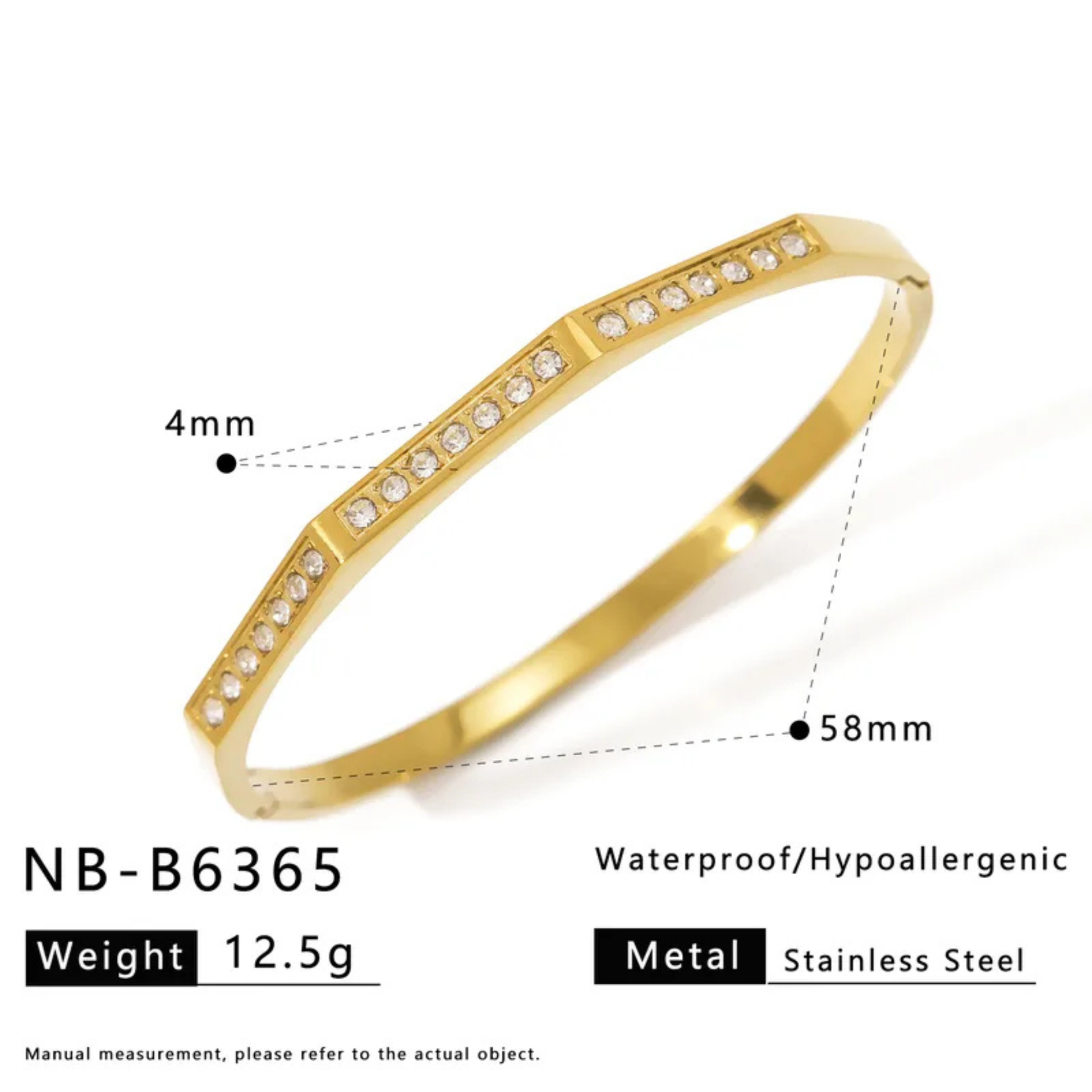 Gold bracelet with measurement details on a white background