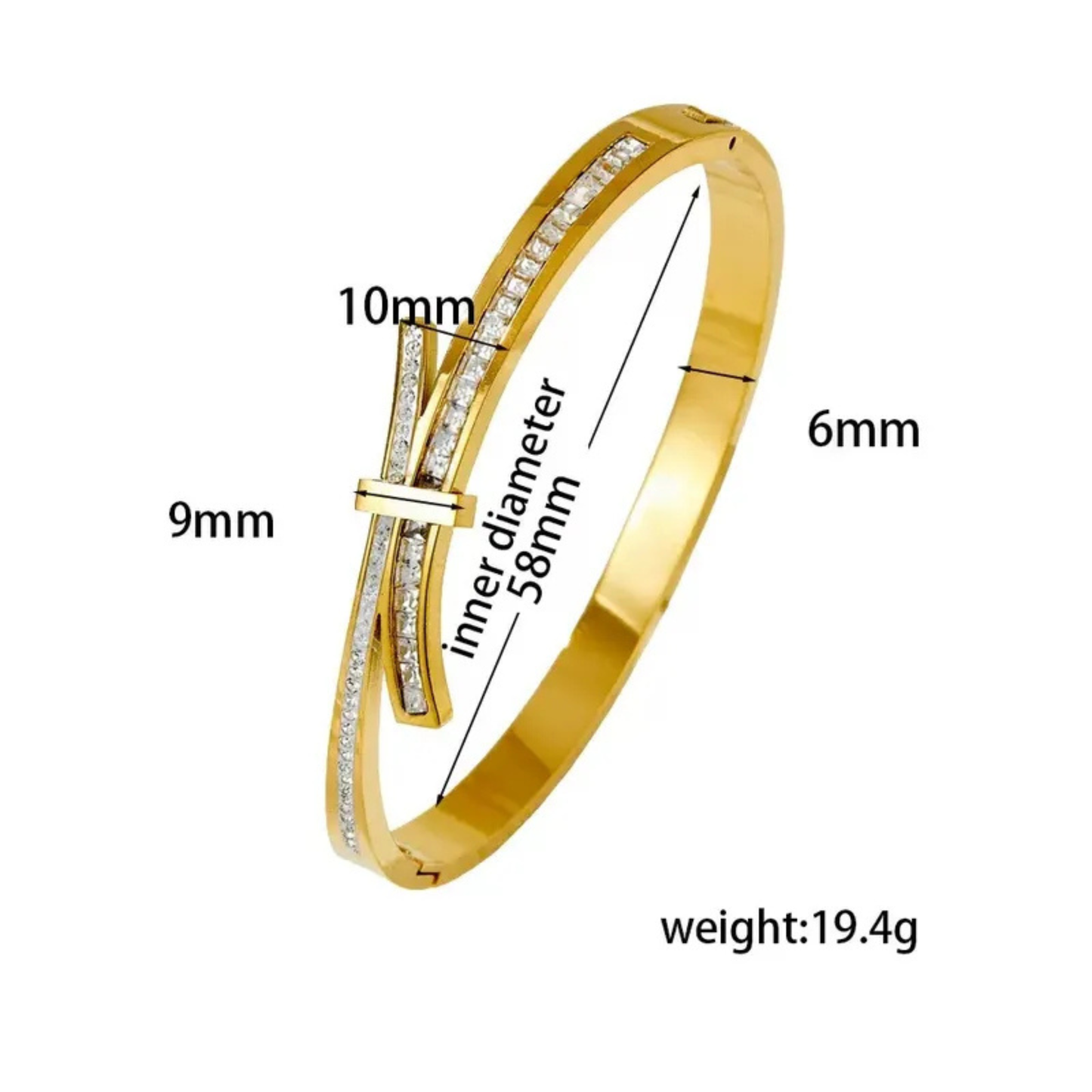 Gold bracelet with measurements on a white background