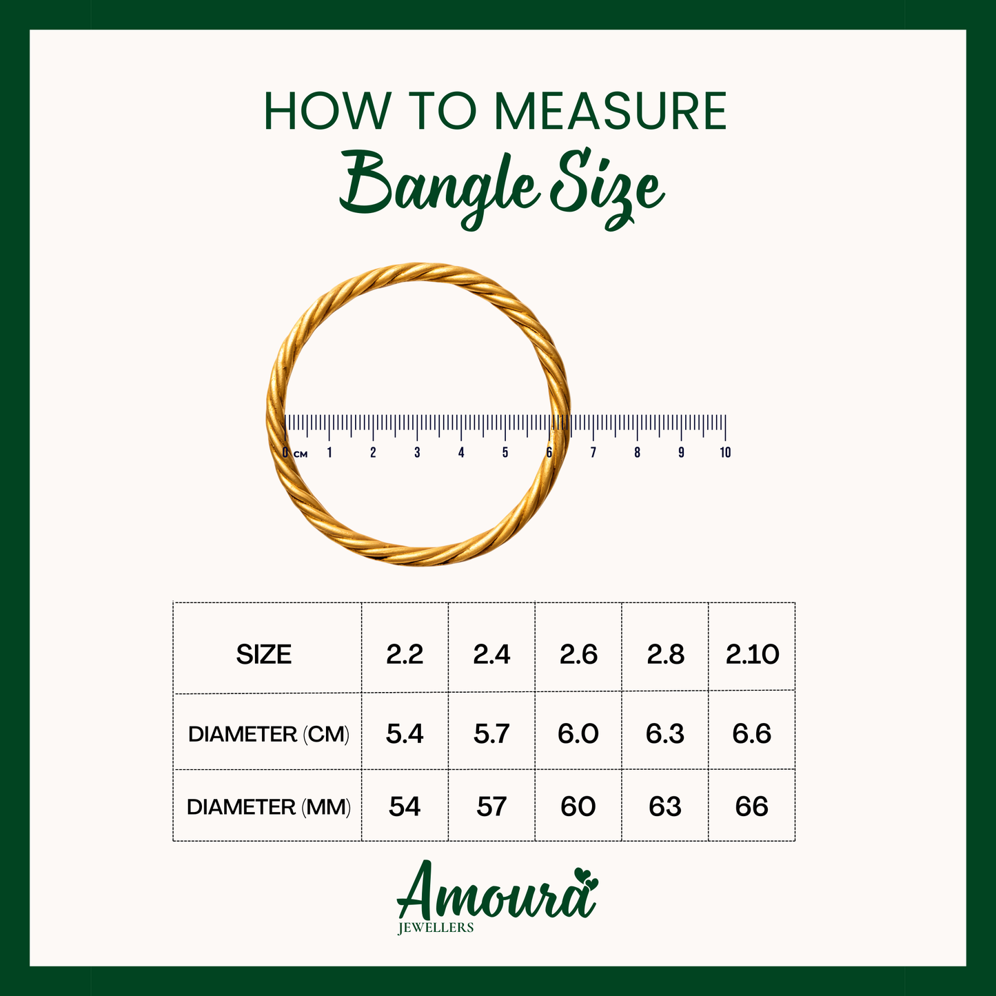 Chart showing how to measure bangle size with a gold bangle and ruler, branded as Amour Jewellers.