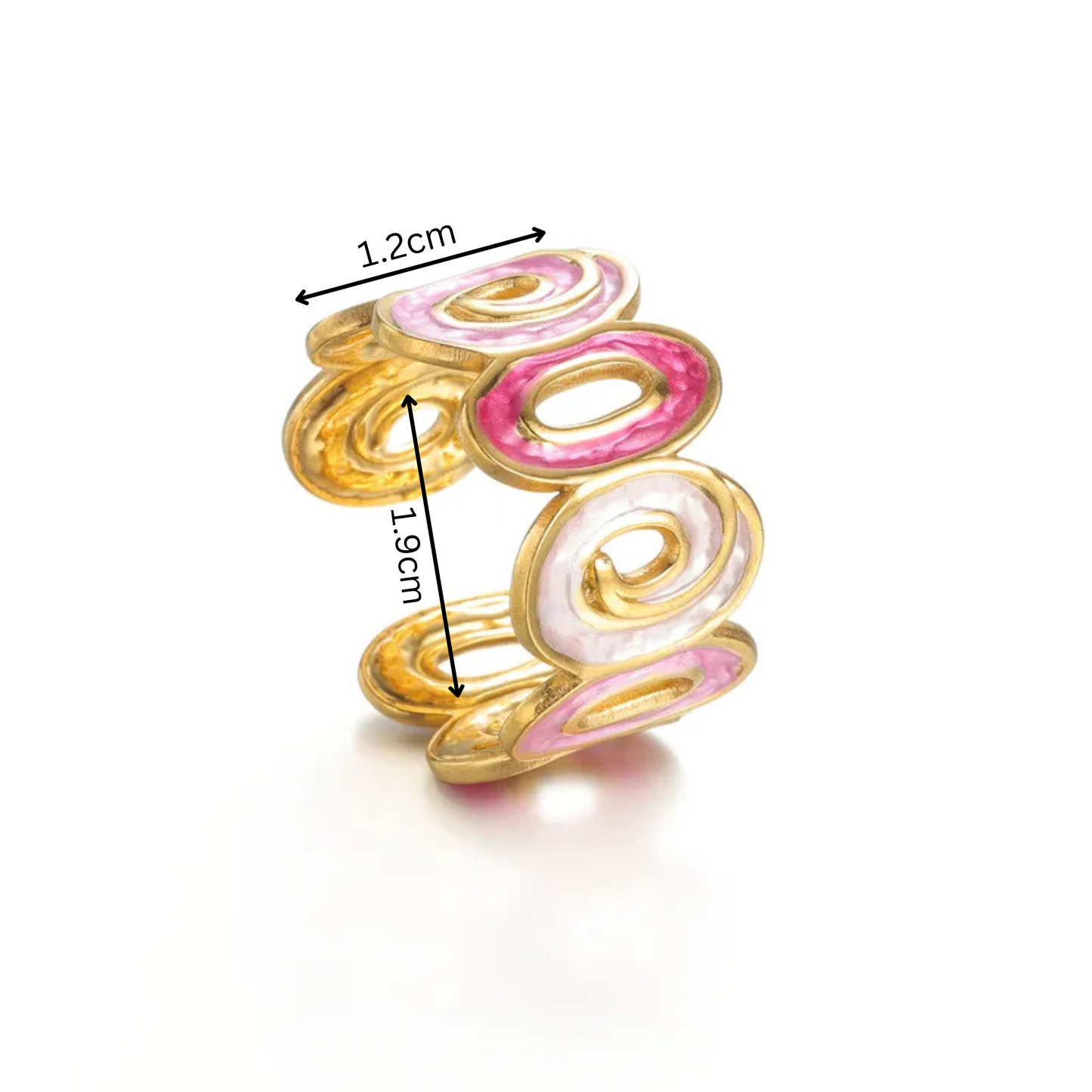 Gold and pink ring with measurements on a white background