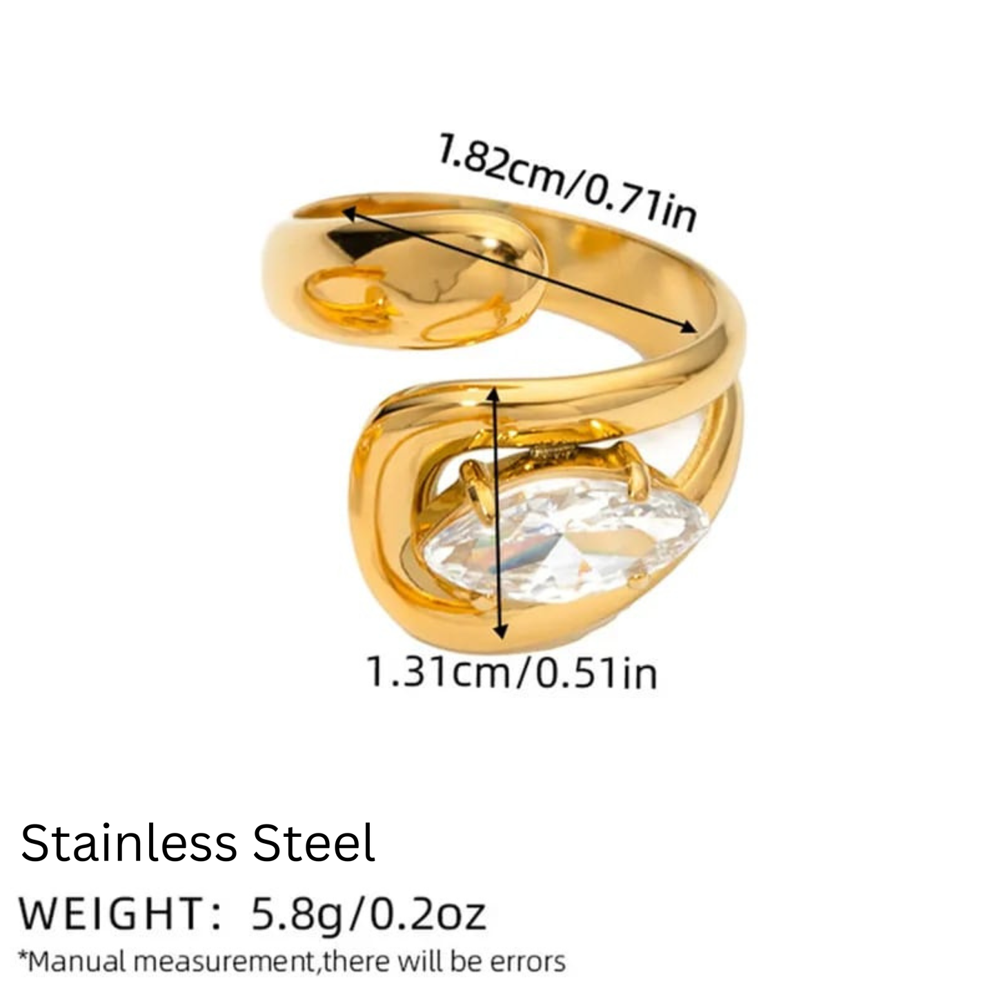 Gold ring with measurements and material details on a white background