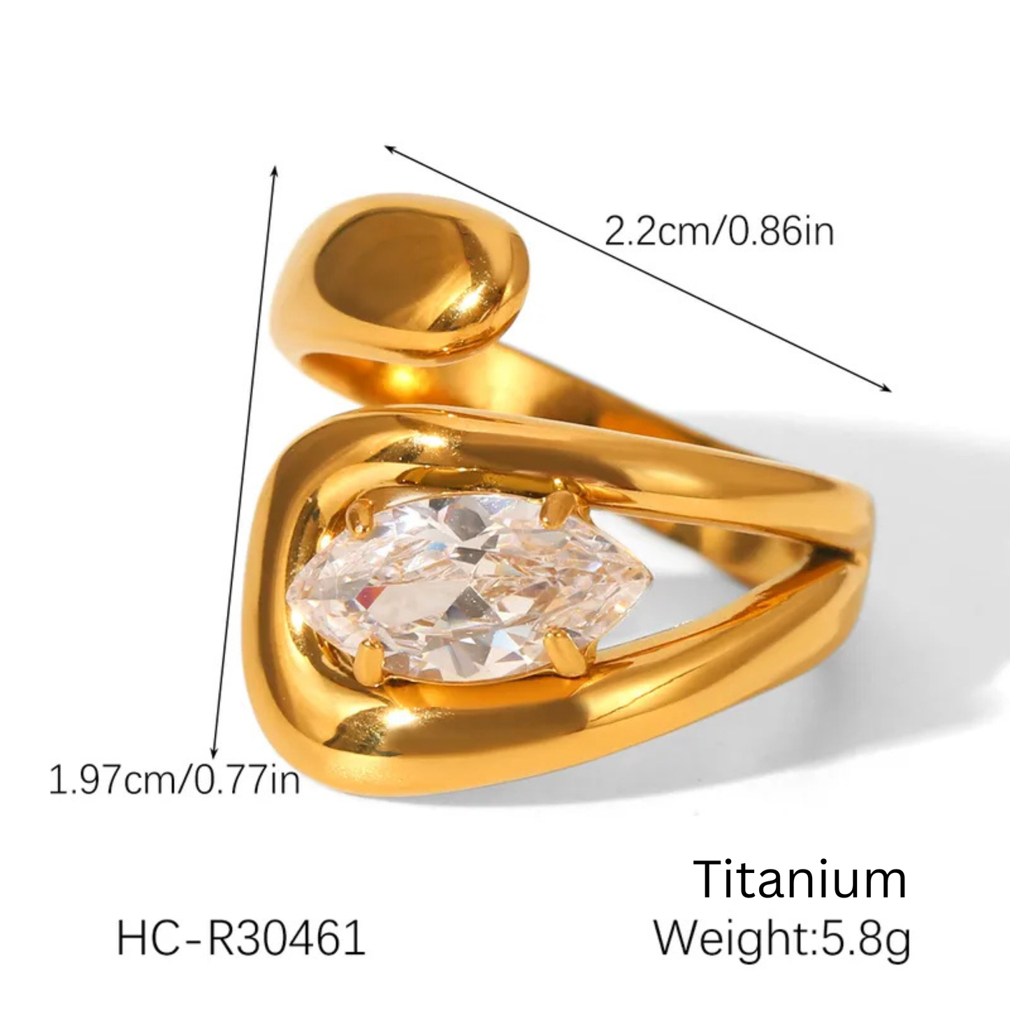 Gold ring with a diamond, showing dimensions and material details on a white background