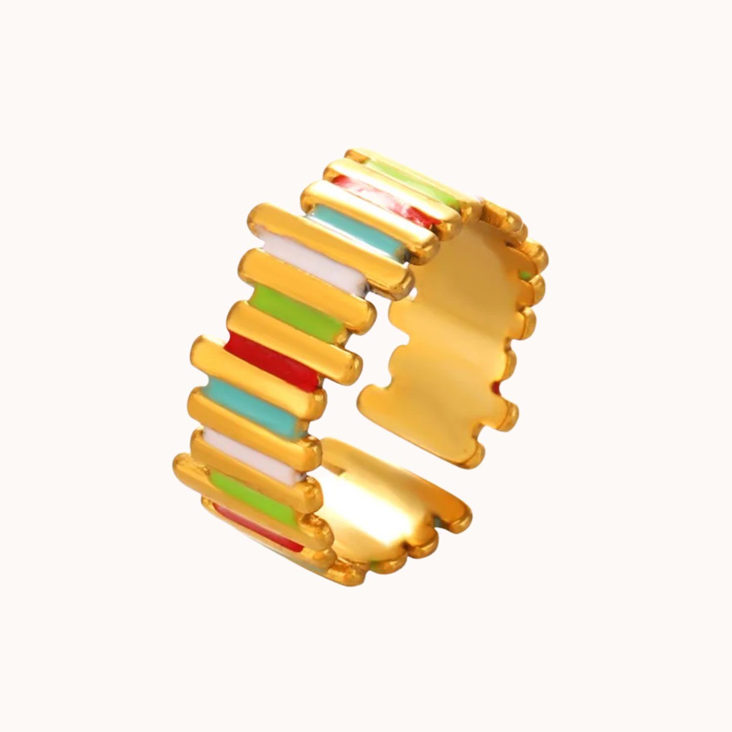 Gold ring with colorful horizontal stripes on a white background