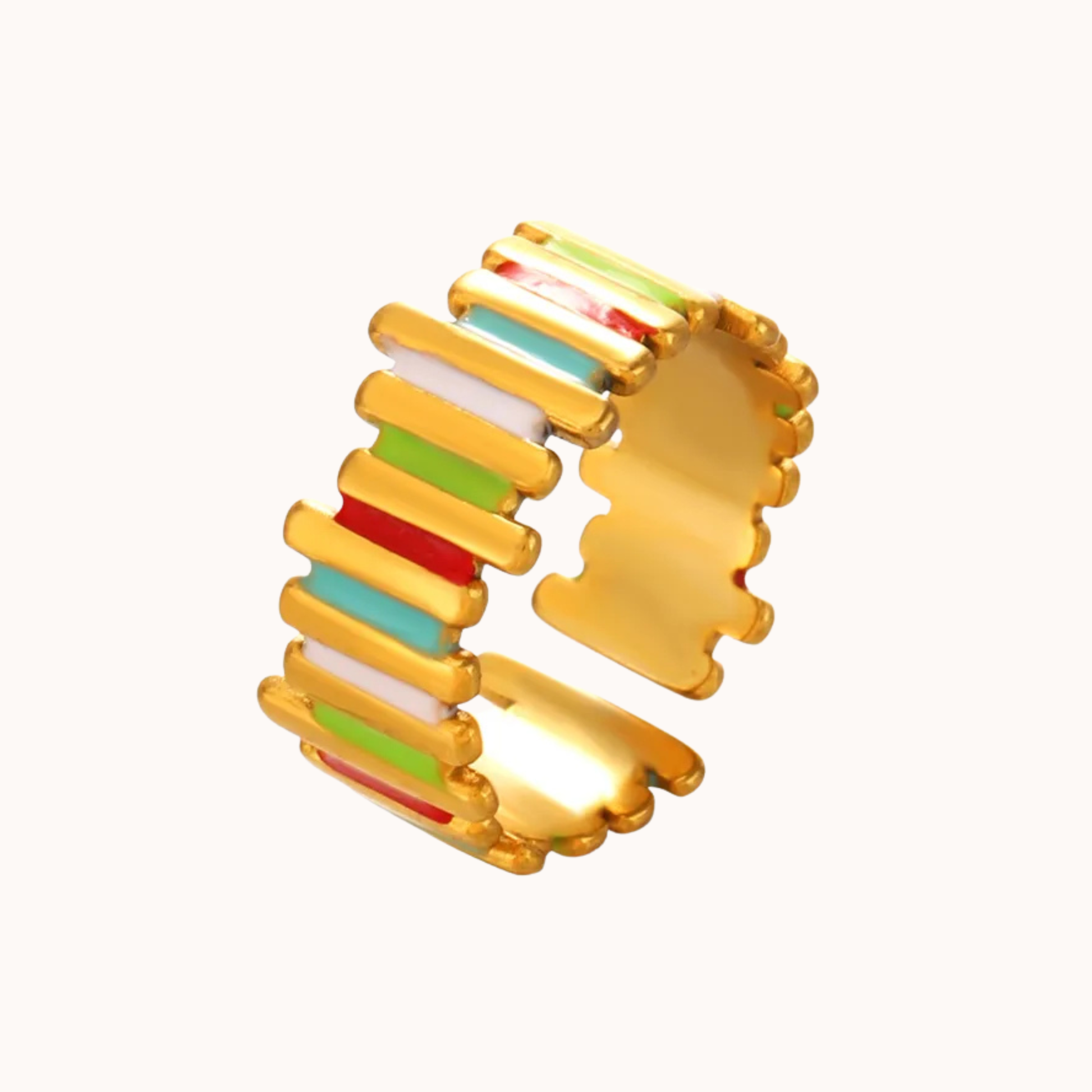 Gold ring with colorful horizontal stripes on a white background