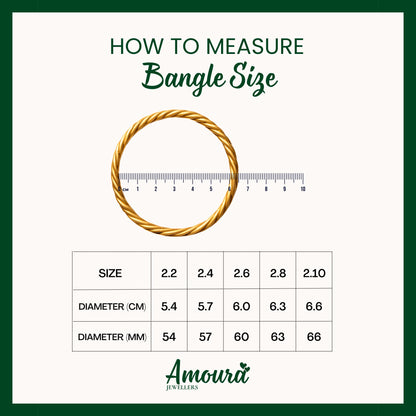 A sizing guide graphic titled 'HOW TO MEASURE Bangle Size' with a gold bangle illustration over a ruler and a size conversion table. The Amoura Jewellers logo appears at the bottom.