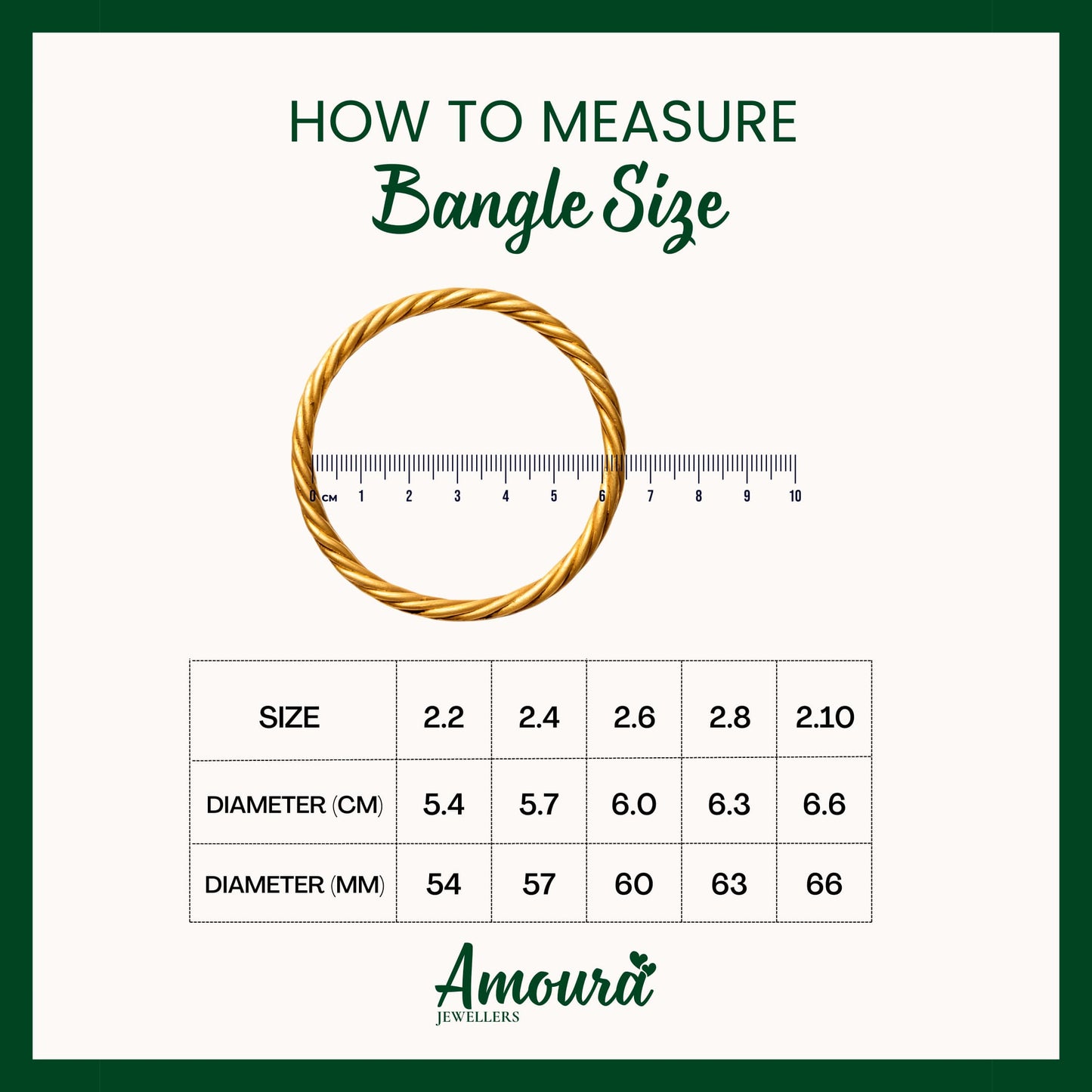 A sizing guide graphic titled 'HOW TO MEASURE Bangle Size' with a gold bangle illustration over a ruler and a size conversion table. The Amoura Jewellers logo appears at the bottom.