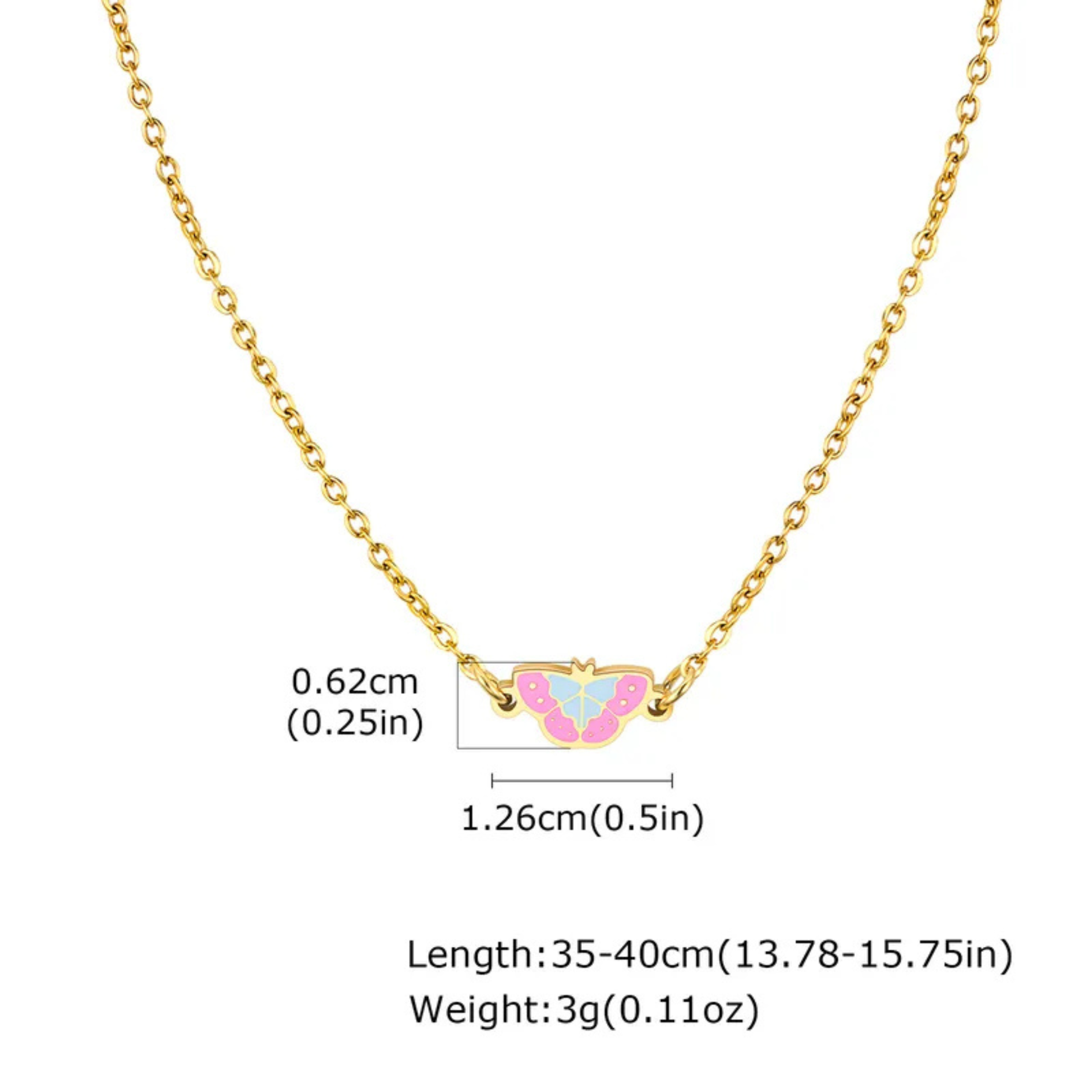 Gold necklace with butterfly pendant and measurement details on a white background