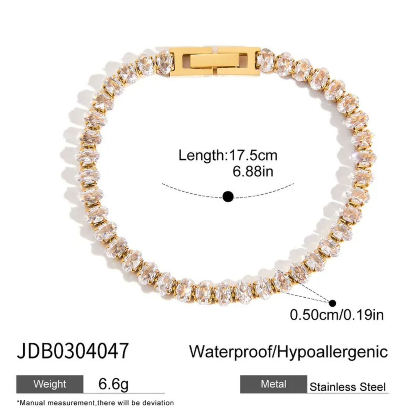 Bracelet with gold clasp and white beads, showing measurements and material details on a white background.