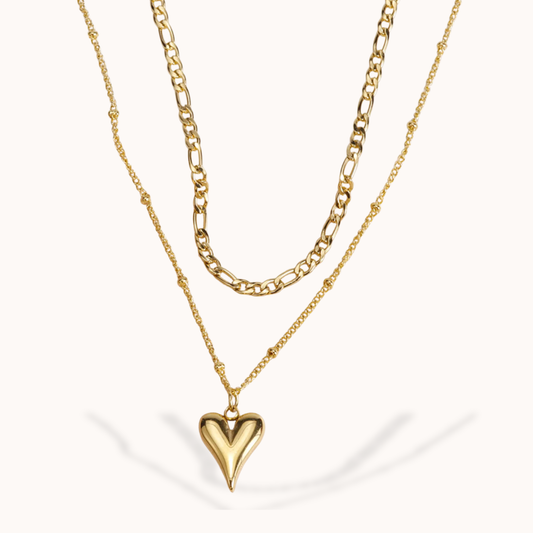 Gold heart-shaped pendant necklace on a white background