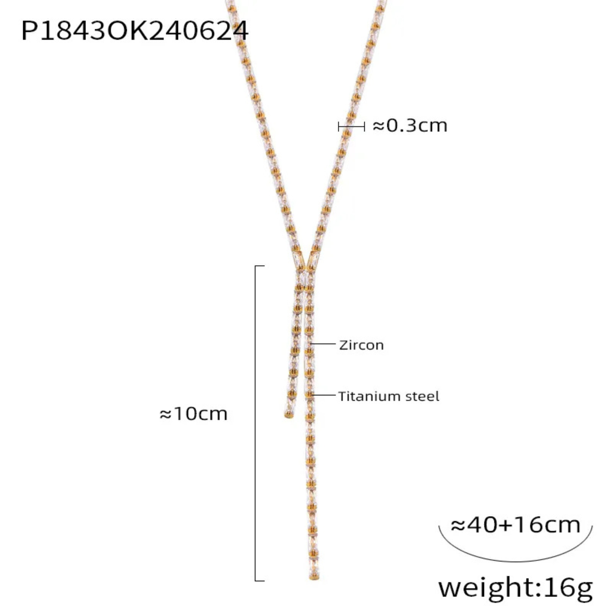 Gold necklace with measurements and material details on a white background