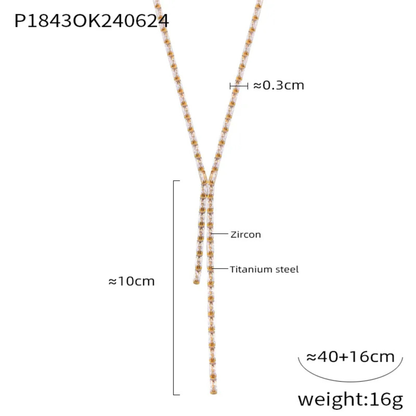 Gold necklace with measurements and material details on a white background
