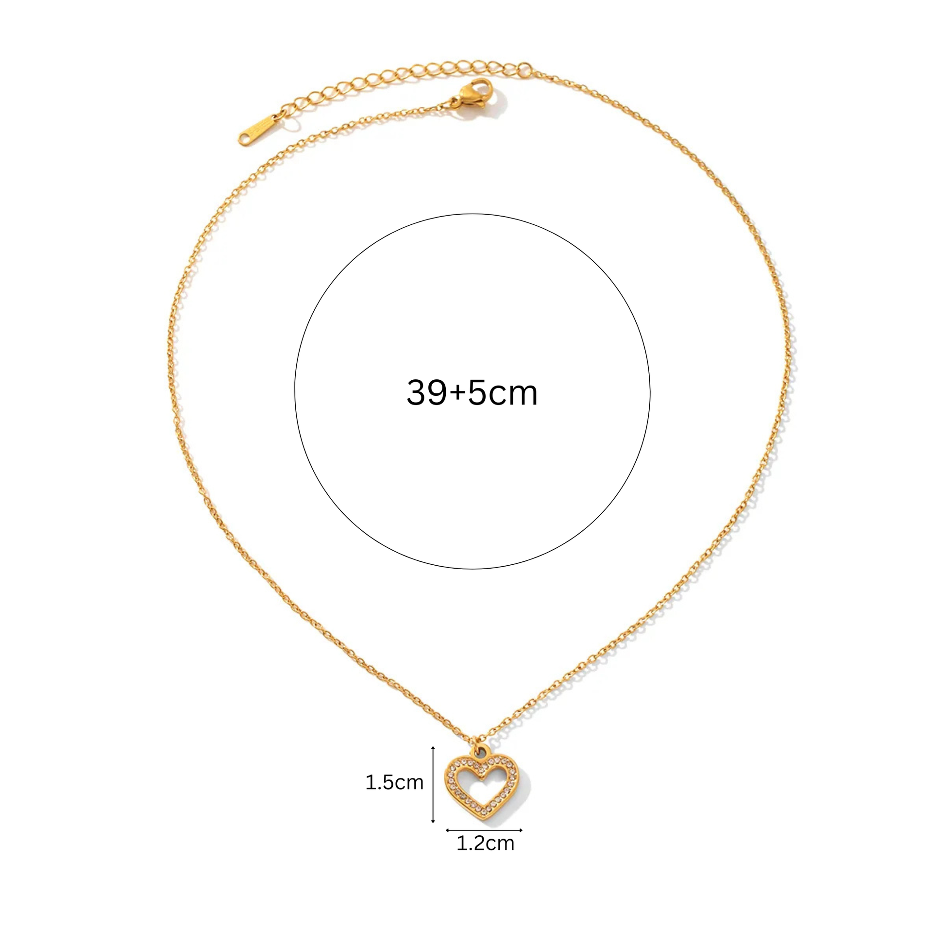 Gold necklace with heart pendant and measurements on a white background