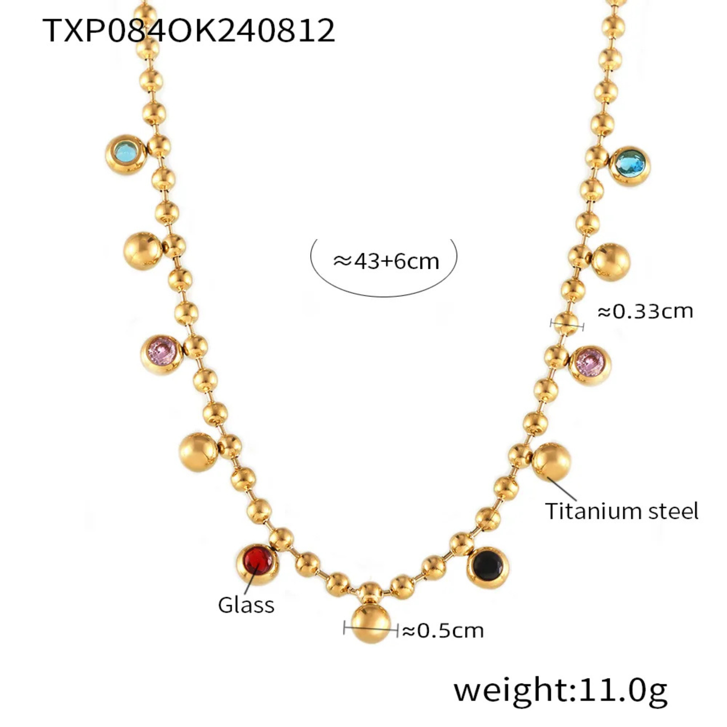 Gold beaded necklace with colored beads and measurements on a white background