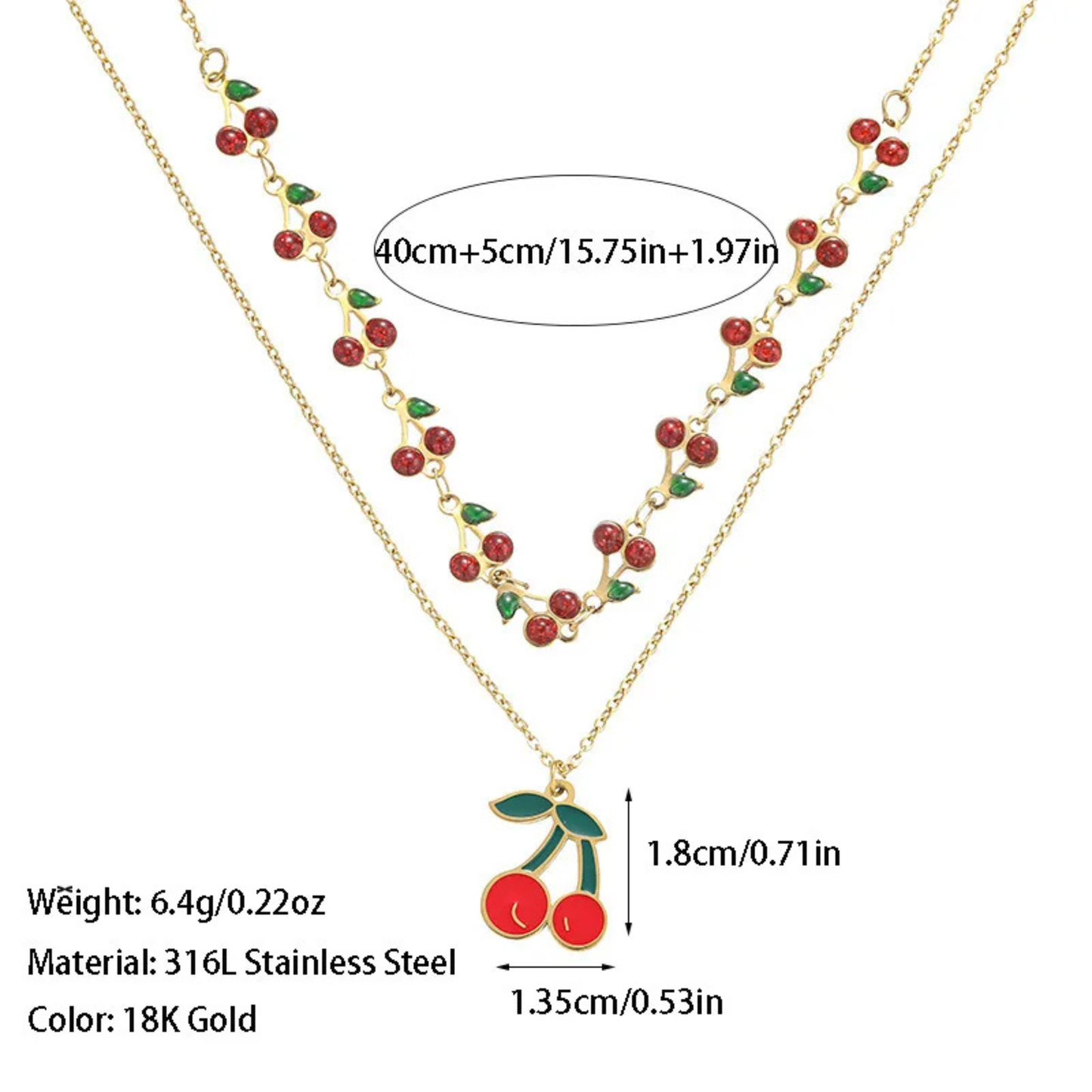 Necklace with cherry pendant and measurement details on a white background