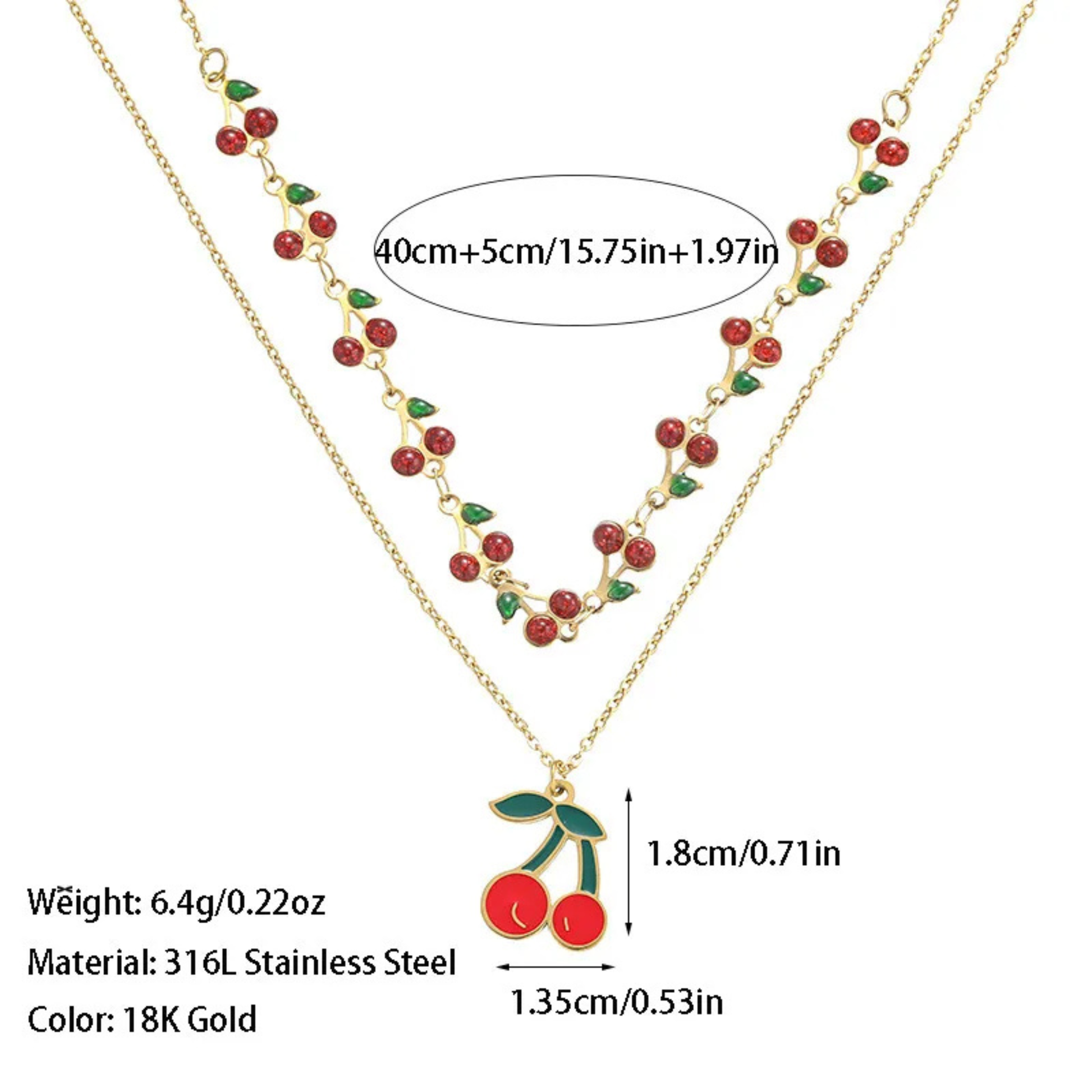Necklace with cherry pendant and measurement details on a white background