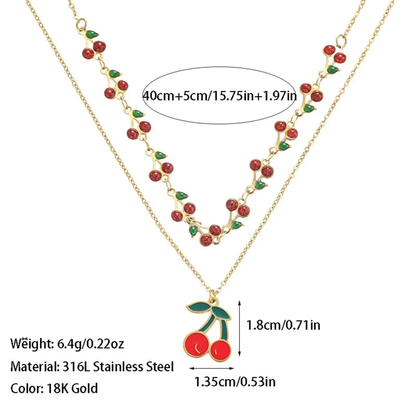 Necklace with cherry pendant and measurement details on a white background