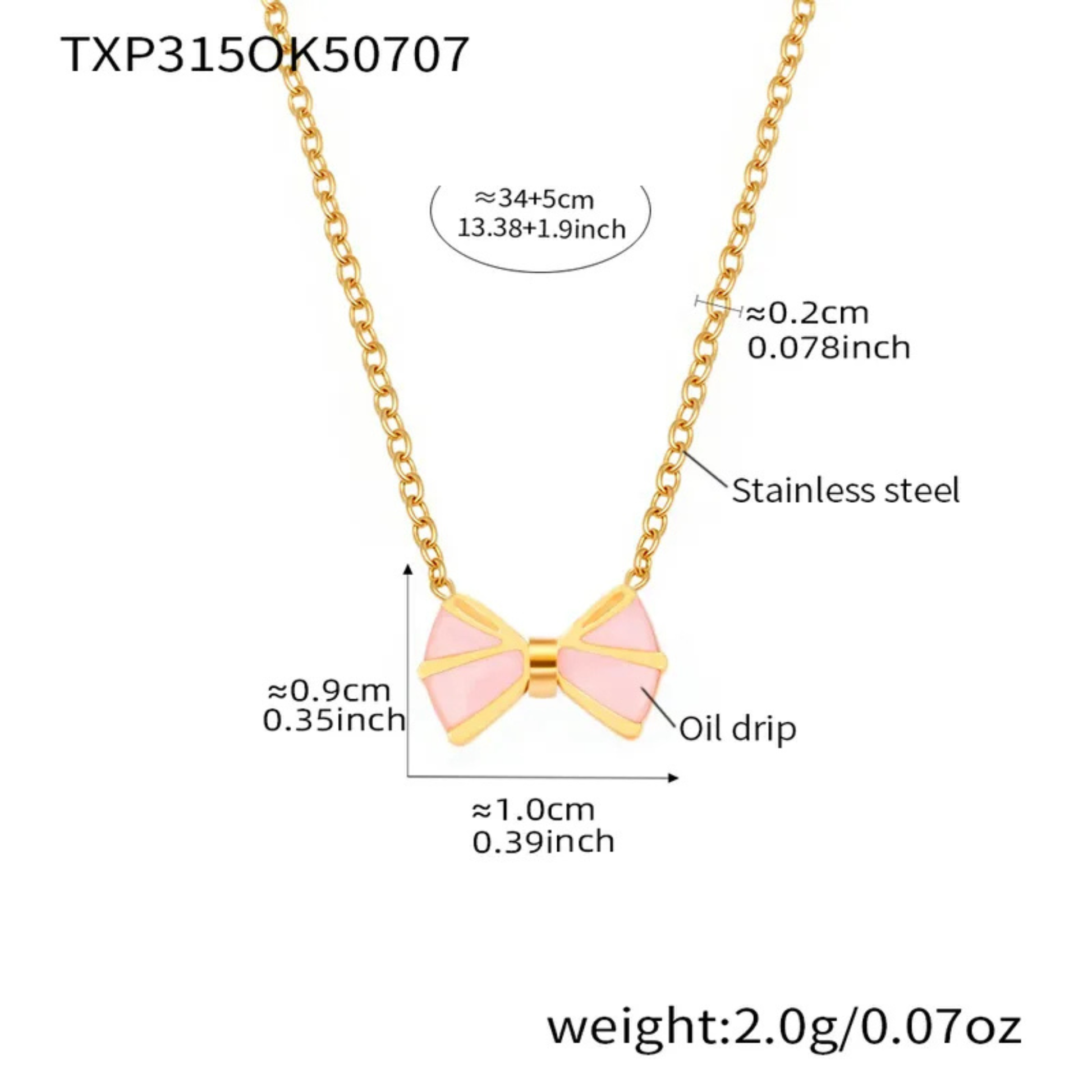 Gold necklace with pink bow pendant and measurement details on a white background