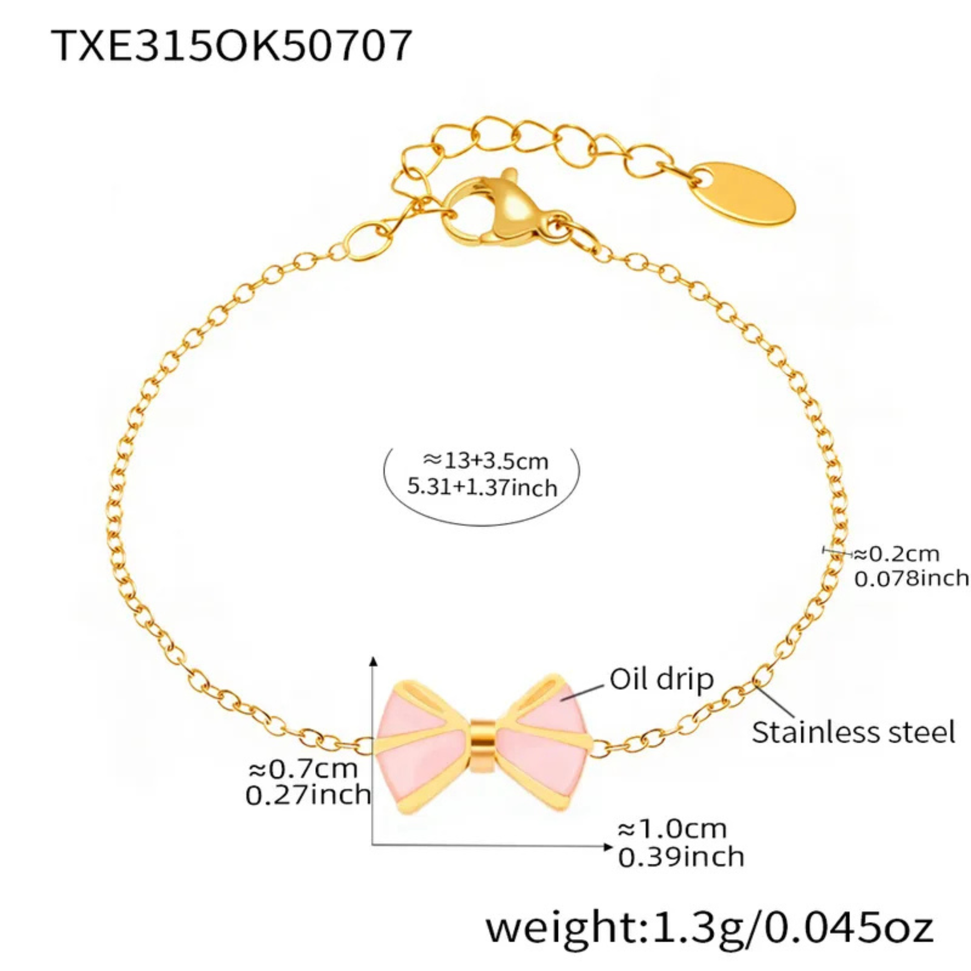 Gold bracelet with a pink bow charm and measurement details on a white background