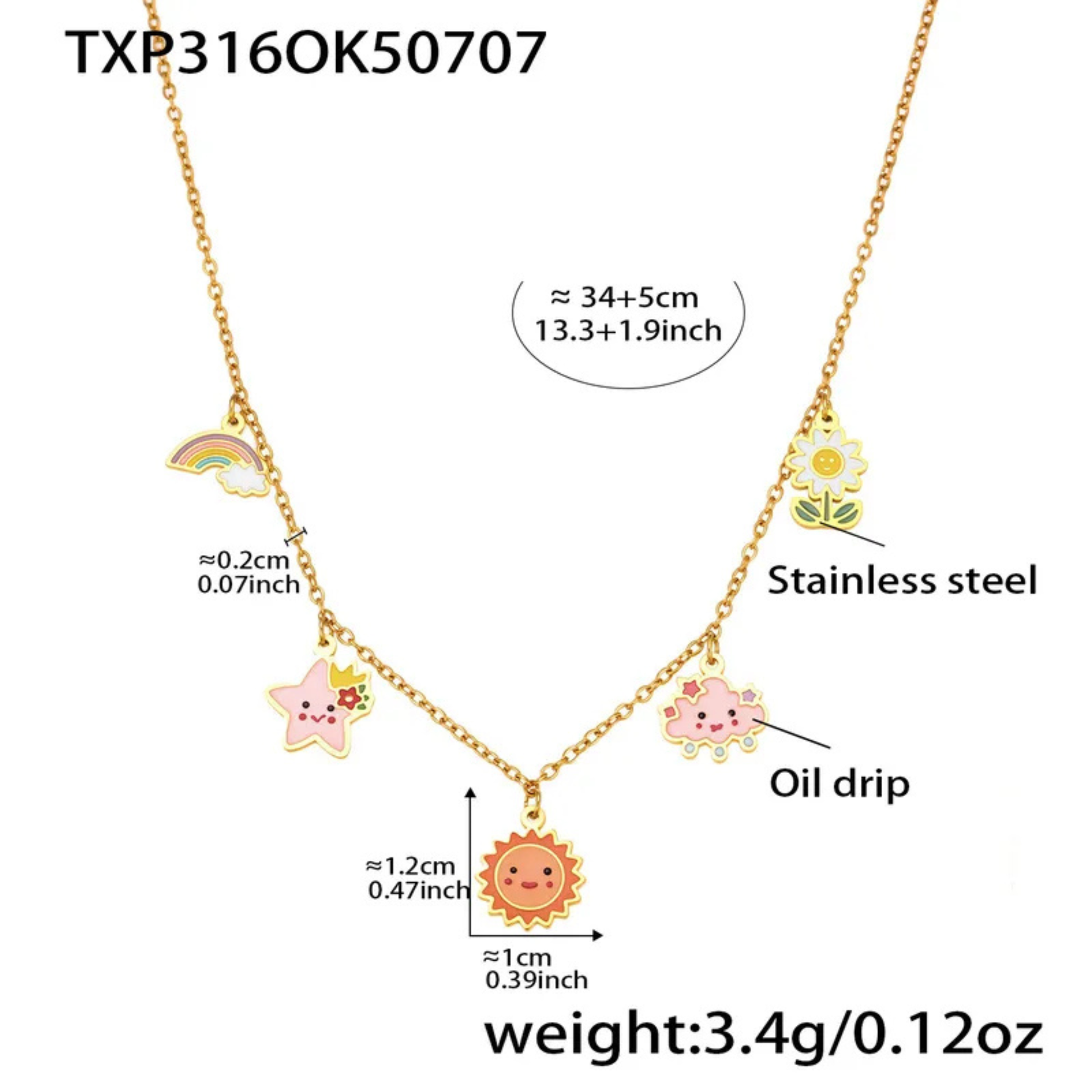 Gold necklace with various charms and measurements on a white background