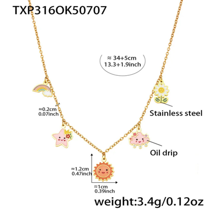 Gold necklace with various charms and measurements on a white background
