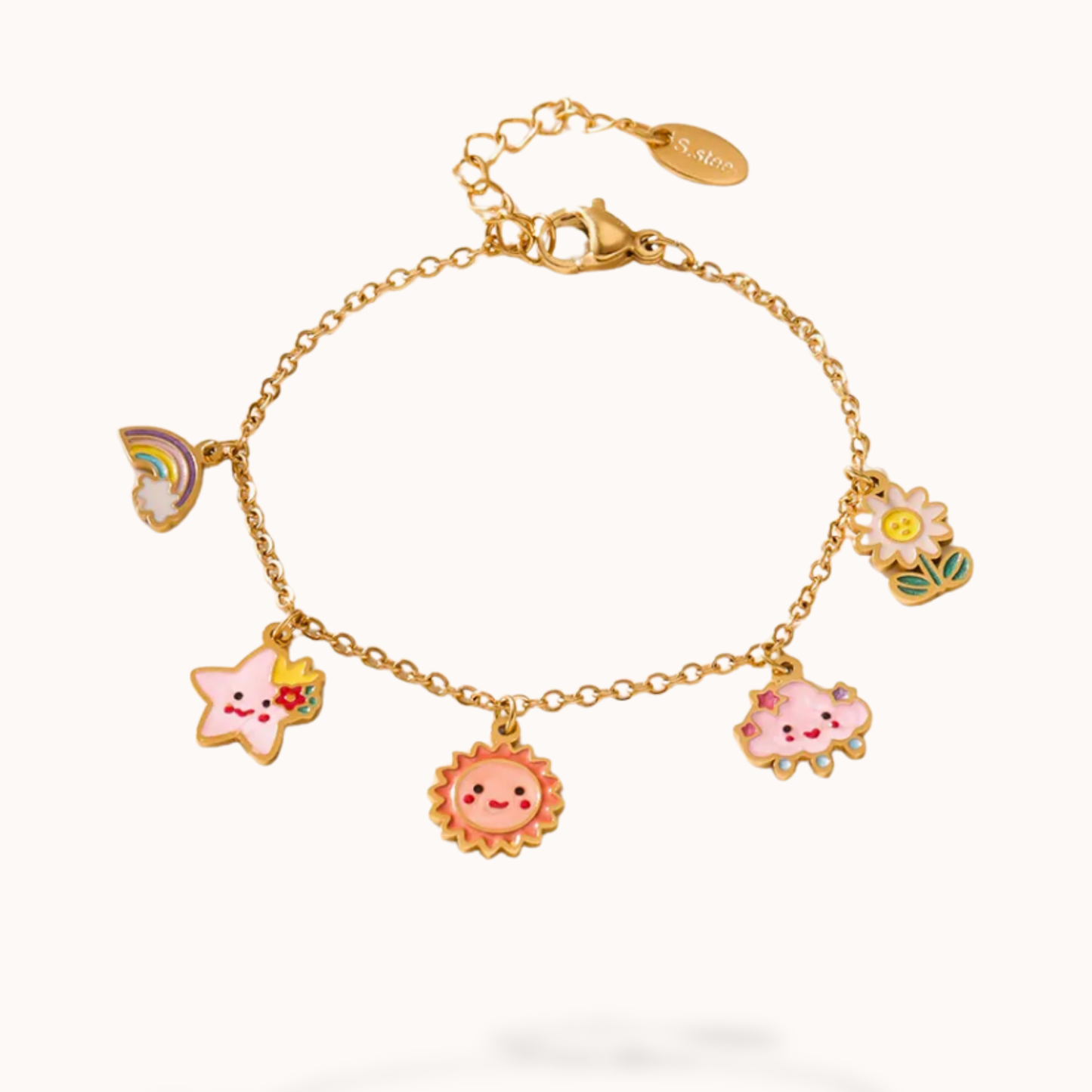 Gold bracelet with colorful charms on a white background