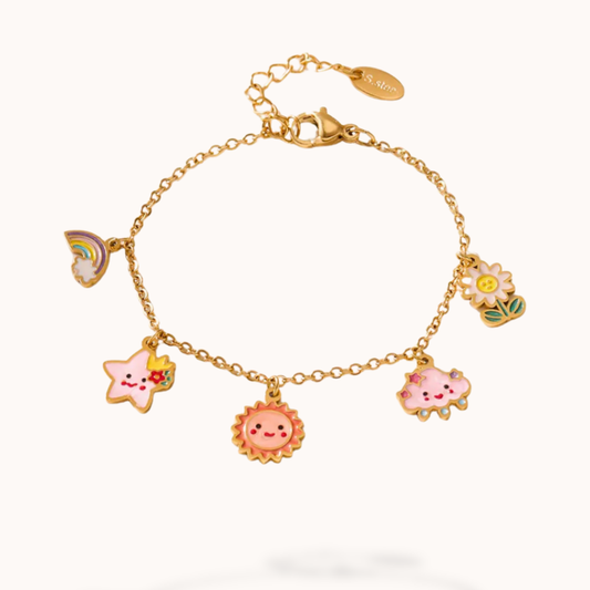 Gold bracelet with colorful charms on a white background