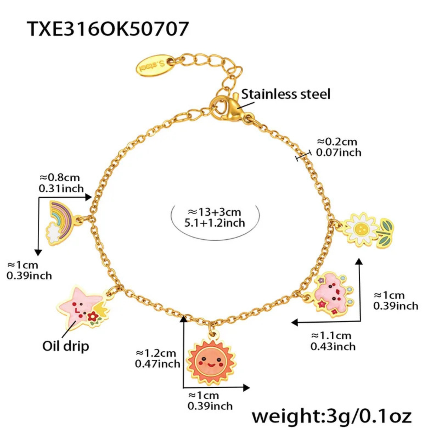 Gold bracelet with charms and measurements on a white background