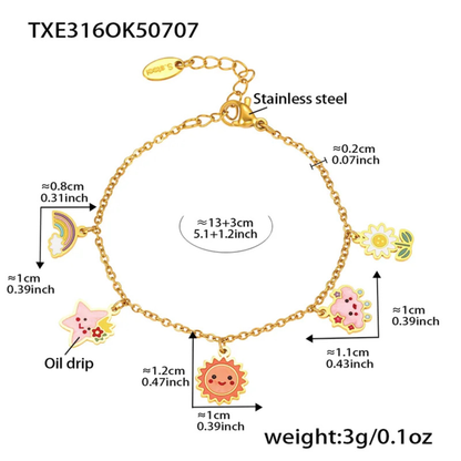 Gold bracelet with charms and measurements on a white background