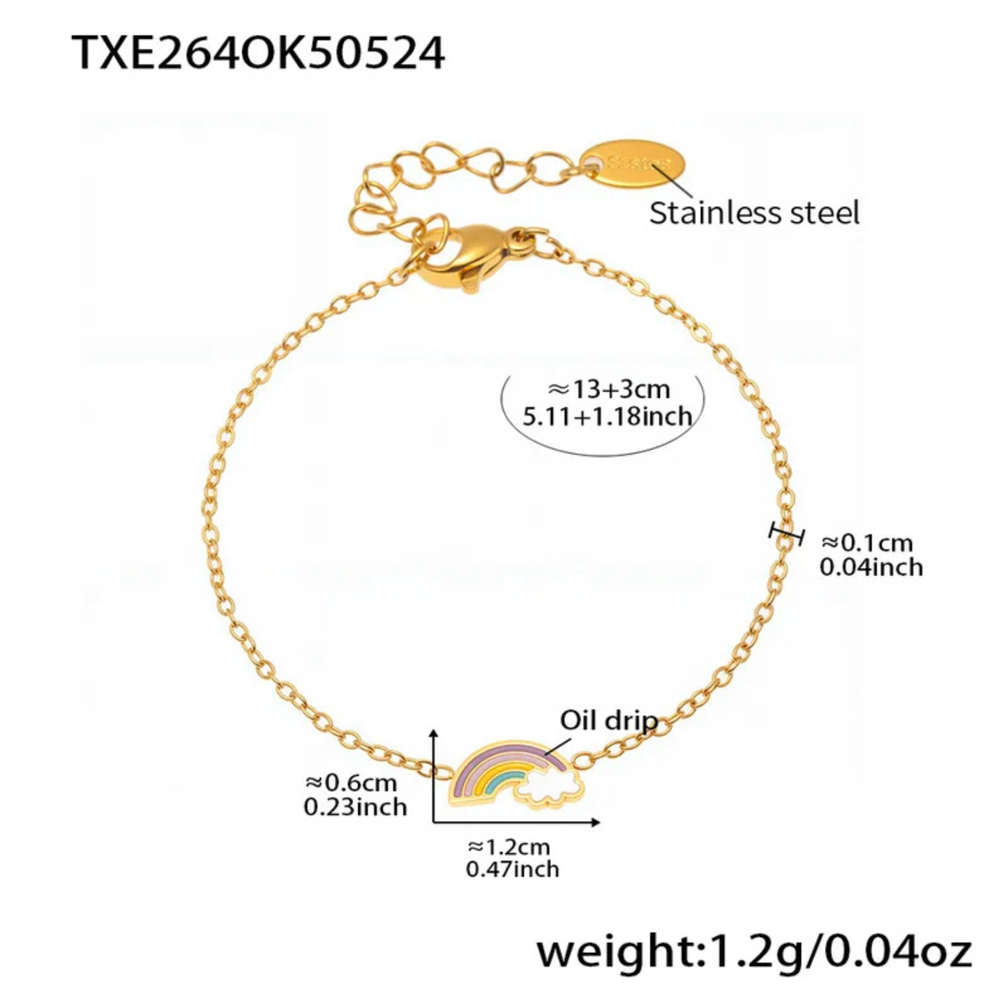 Gold bracelet with measurements and details on a white background