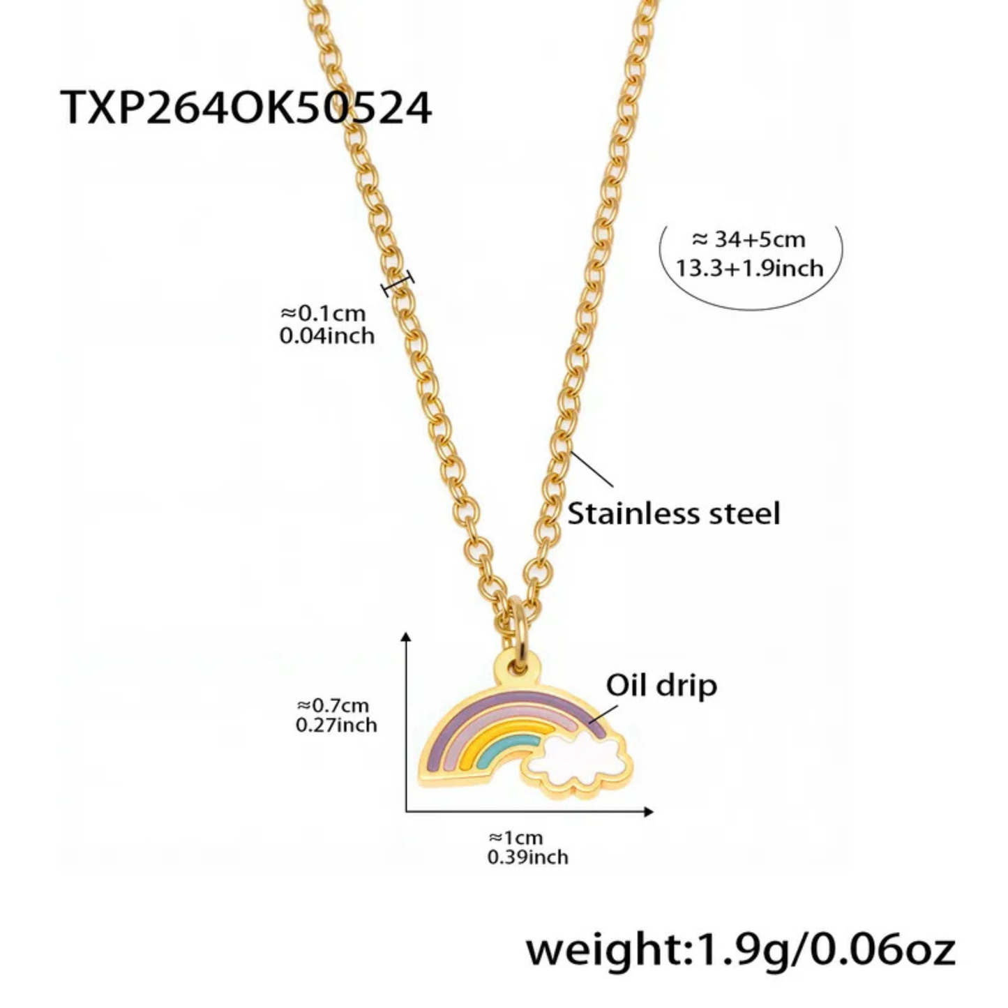 Gold necklace with rainbow pendant and measurement details on a white background