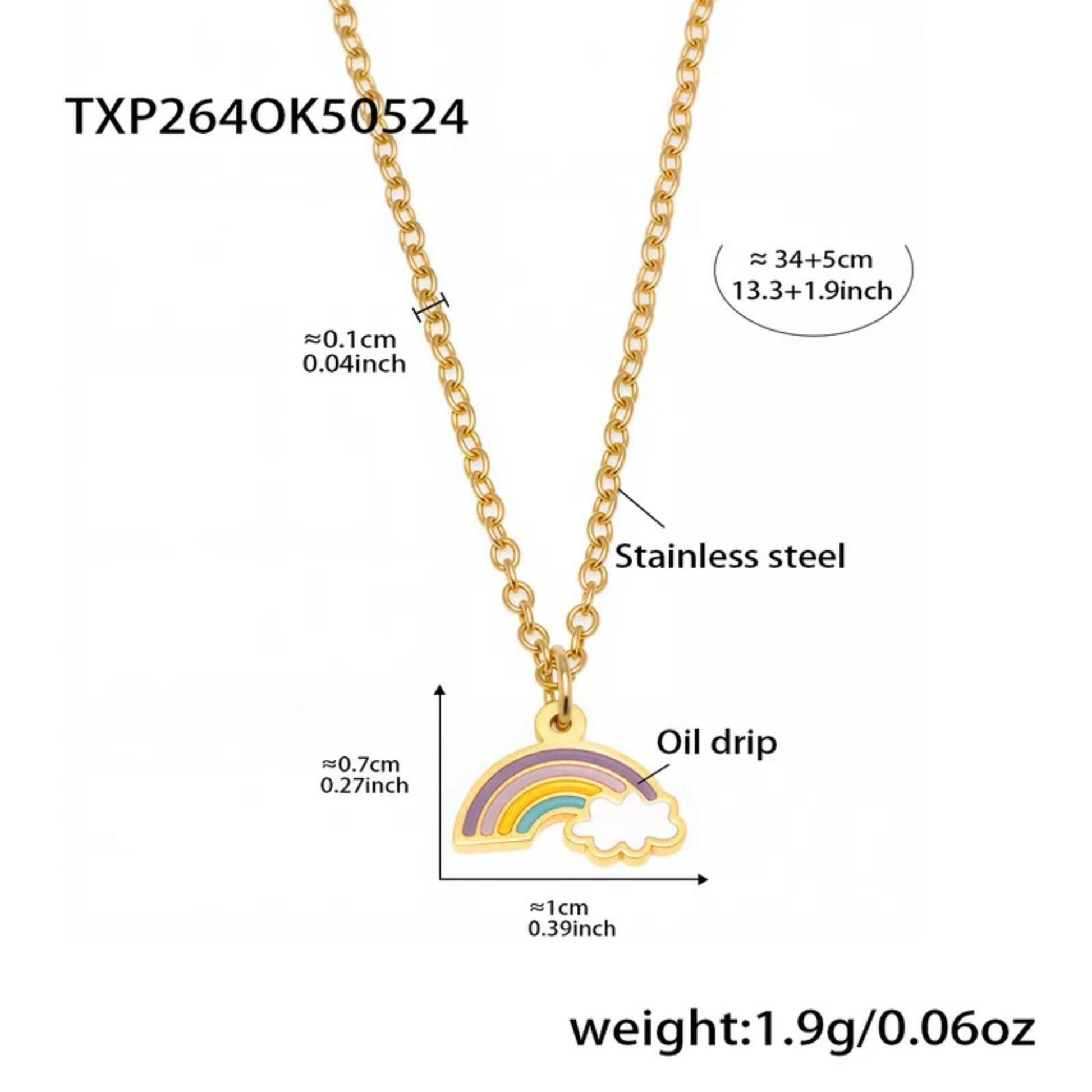 Gold necklace with rainbow pendant and measurement details on a white background