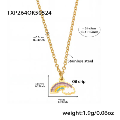 Gold necklace with rainbow pendant and measurement details on a white background