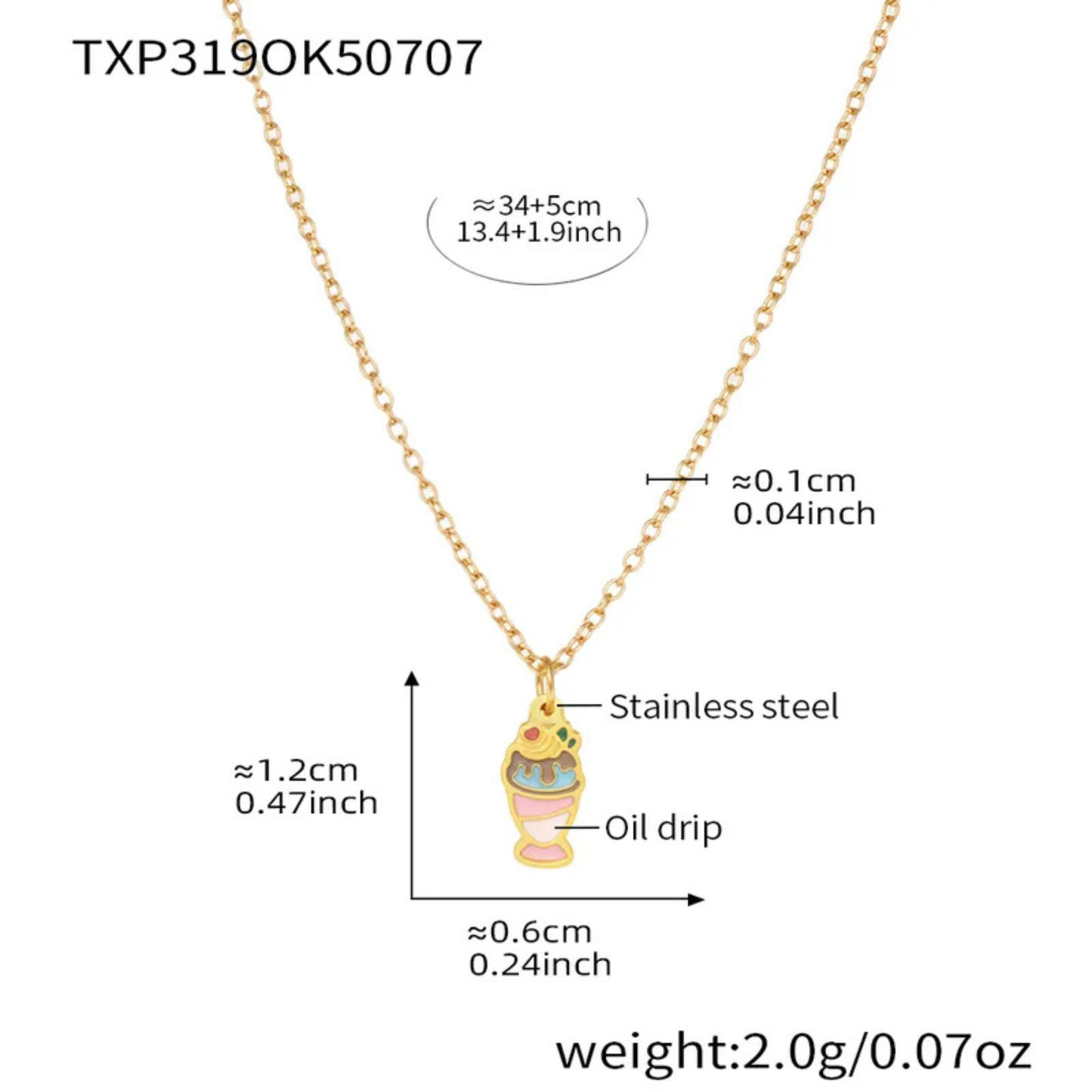 Gold necklace with a pendant, showing measurements and material details on a white background.