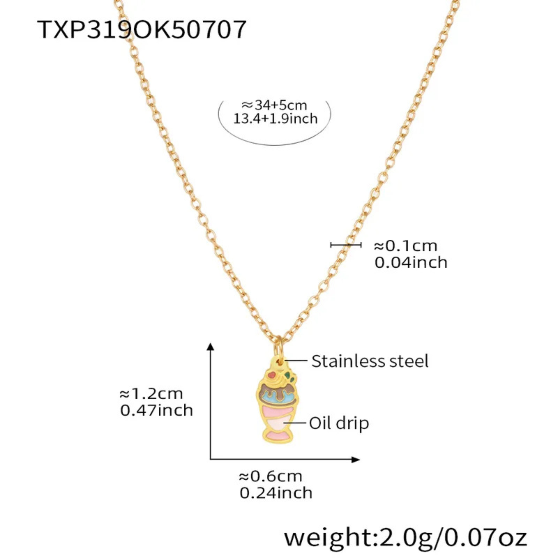Gold necklace with a pendant, showing measurements and material details on a white background.
