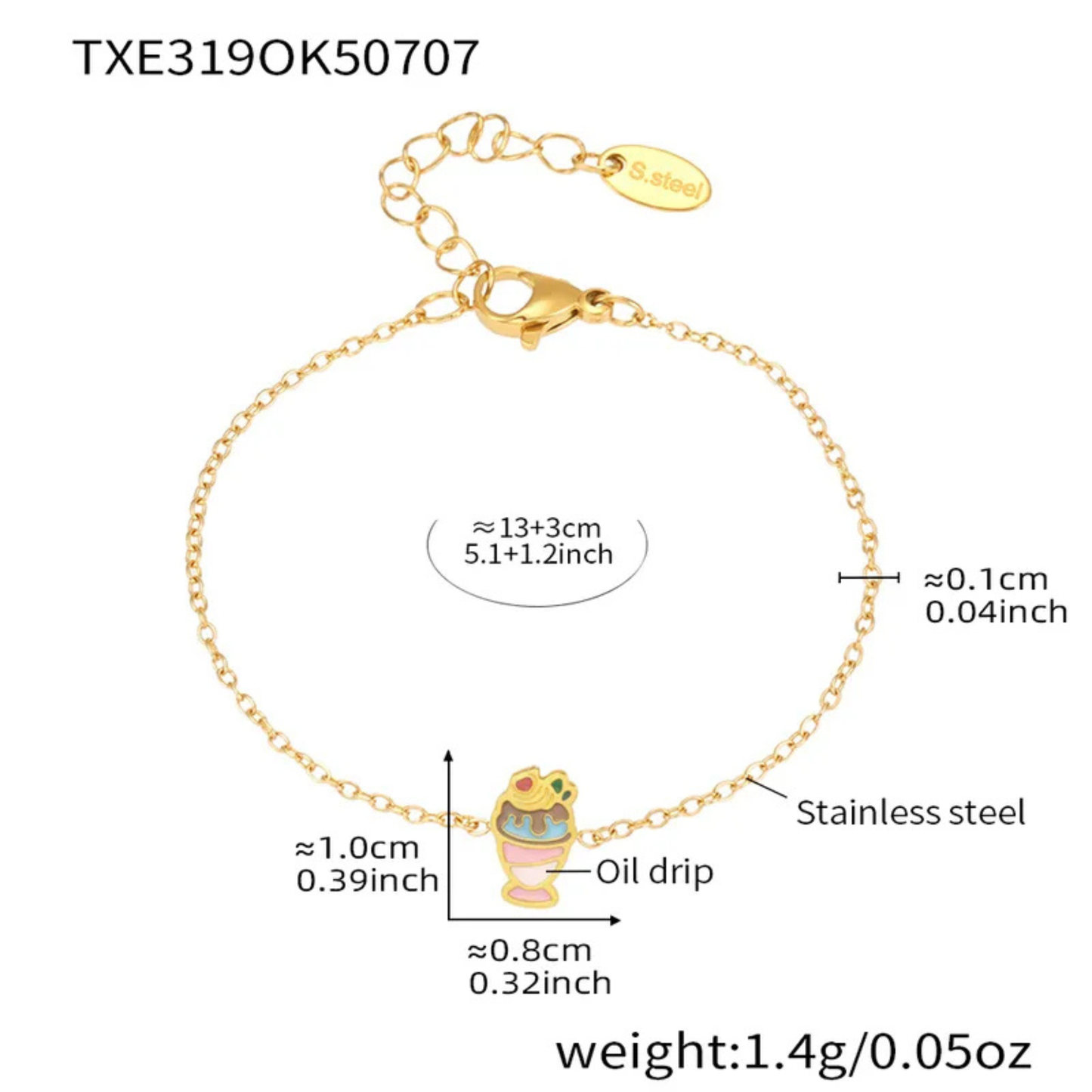 Gold bracelet with a detailed diagram showing measurements and features on a white background.