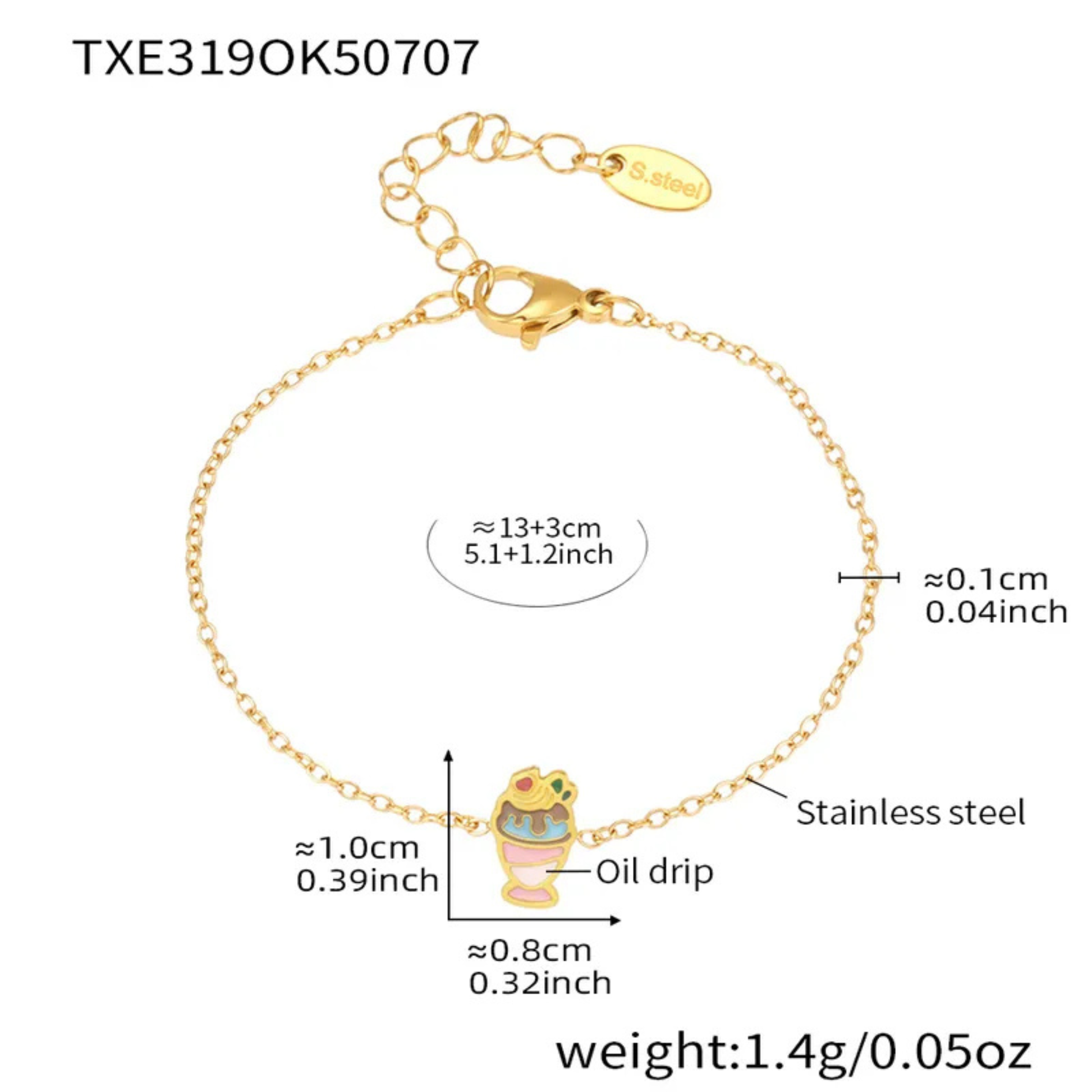 Gold bracelet with a detailed diagram showing measurements and features on a white background.