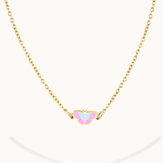 Gold necklace with a butterfly pendant on a white background