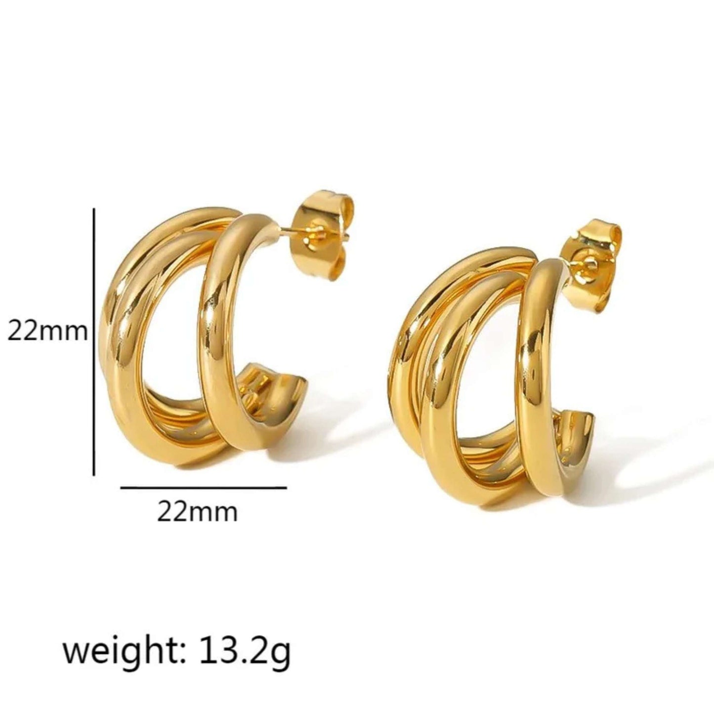 Gold hoop earrings with measurements and weight on a white background