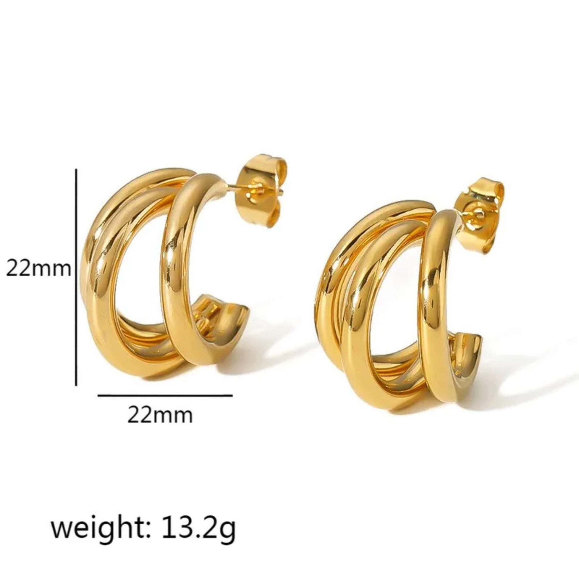 Gold hoop earrings with measurements and weight on a white background