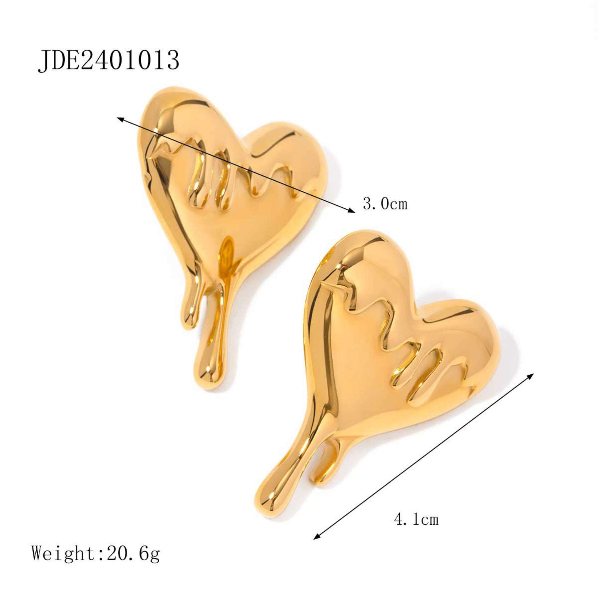Gold drip heart-shaped earrings with measurements on a white background
