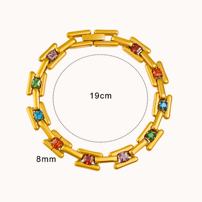 Gold bracelet with colorful stones and measurements on a white background