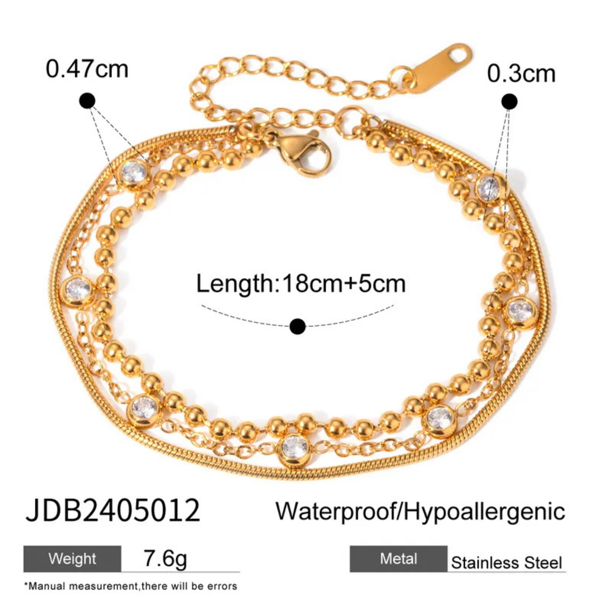 Gold bracelet with measurements and product details on a white background